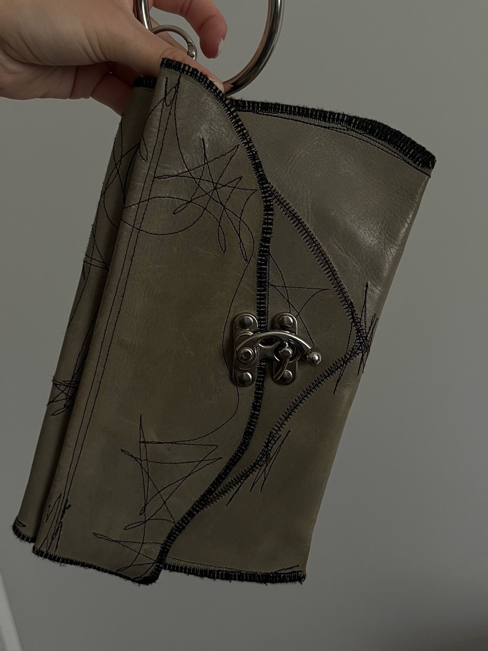 Olive Green Stitch-Detail Clutch with Silver Ring Handle